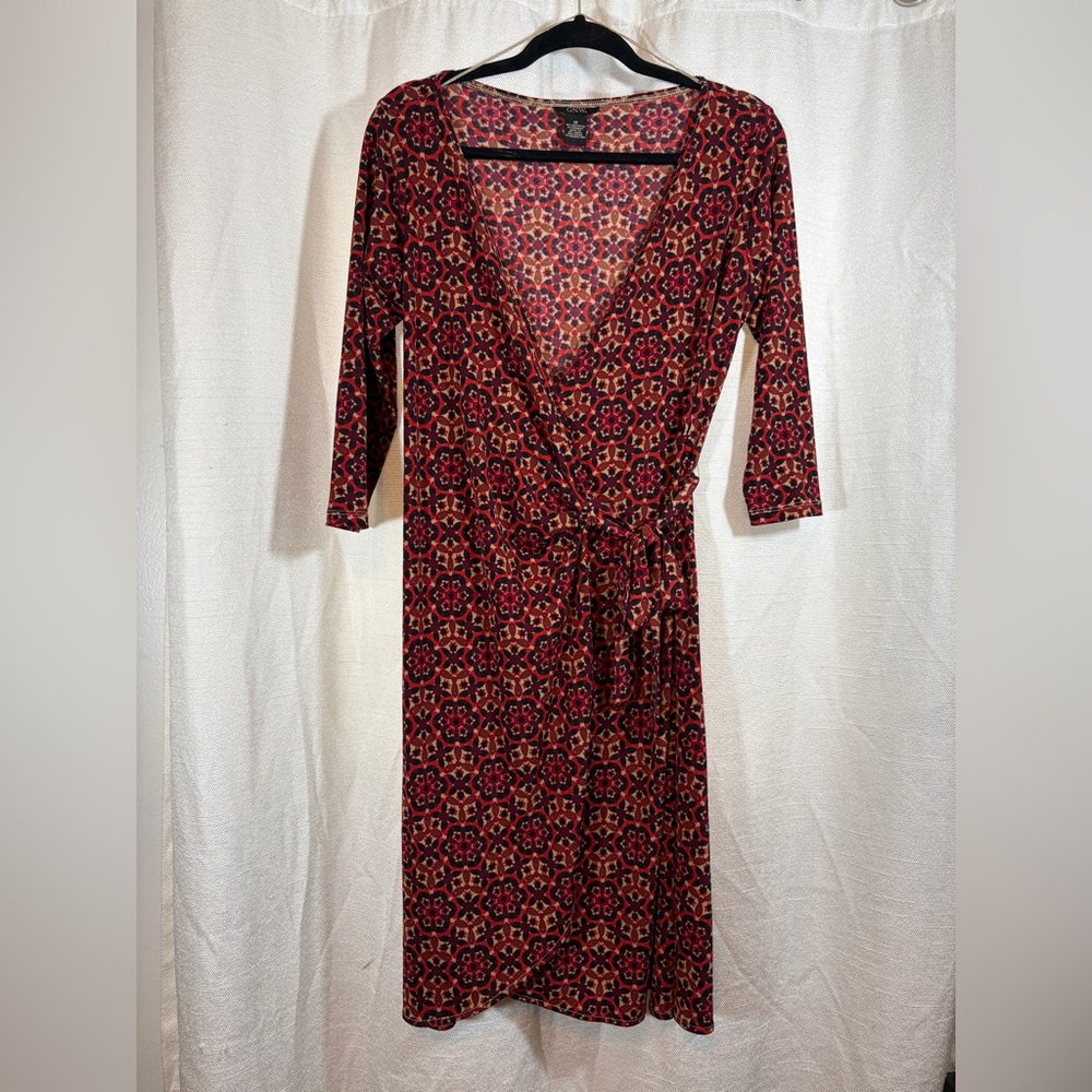 GNW Red and Black Geometric Long Sleeve Tied Wrap Dress